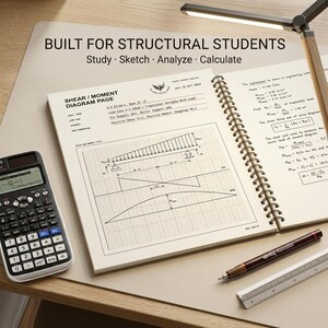 May include: A spiral-bound engineering notebook open to a shear and moment diagram page with the text BUILT FOR STRUCTURAL STUDENTS Study Sketch Analyze Calculate. Includes a black scientific calculator, a technical pen, and a metal ruler.