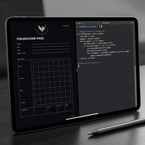 May include: A tablet displaying a split-screen interface with a dark theme. The left side shows a template titled PSEUDOCODE PAGE with a grid and fields for notes. The right side displays a terminal window with code for a graph traversal algorithm.