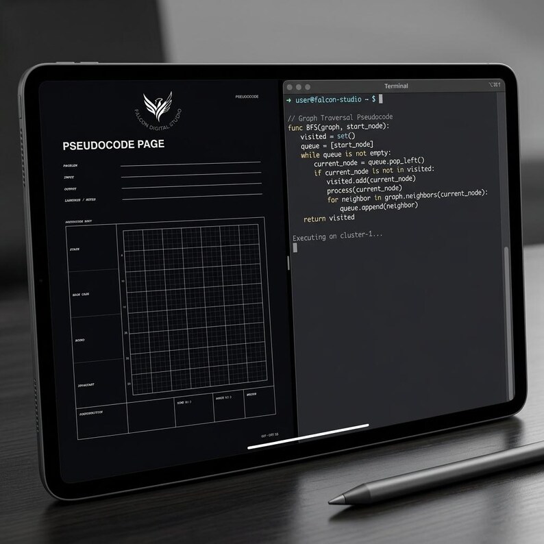 May include: A tablet displaying a split-screen interface with a dark theme. The left side shows a template titled PSEUDOCODE PAGE with a grid and fields for notes. The right side displays a terminal window with code for a graph traversal algorithm.