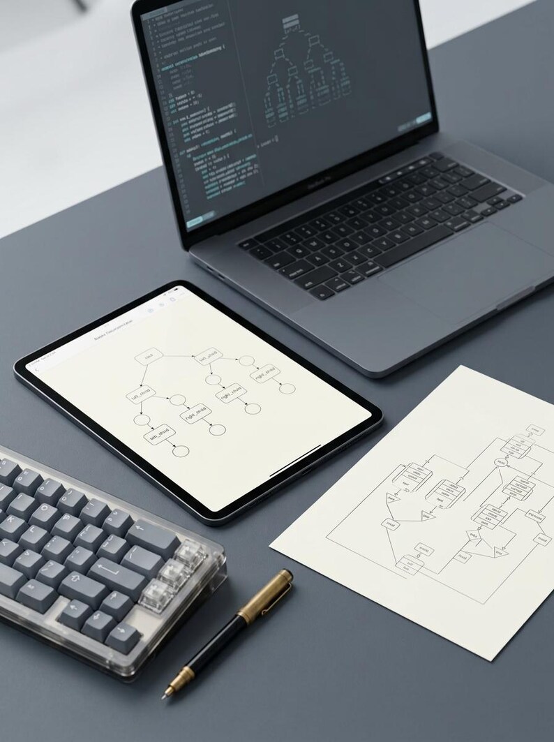 K&ouml;nnte beinhalten: Ein grauer Laptop mit Code-Anzeige, ein Tablet mit einem Flussdiagramm, ein wei&szlig;es Blatt Papier mit einem gedruckten Logikdiagramm, eine mechanische Tastatur mit grauen Tasten und ein schwarz-goldener Stift auf einer flachen Oberfl&auml;che.