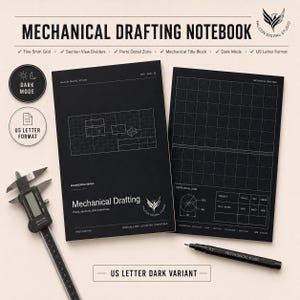 May include: Two black mechanical drafting notebooks with white grid lines and technical text. One cover displays 'Mechanical Drafting' and 'Engineering Series'. The other shows a grid, parts detail zone, and title block. Includes a digital caliper and pen.