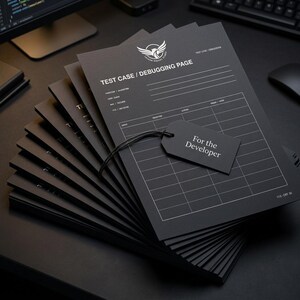 May include: A stack of black paper test case debugging pages with white printed grids and text including "TEST CASE / DEBUGGING PAGE" and a small black tag attached with a black string that reads "For the Developer" in white serif font.