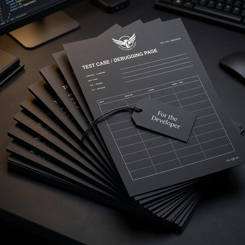 May include: A stack of black paper test case debugging pages with white printed grids and text including "TEST CASE / DEBUGGING PAGE" and a small black tag attached with a black string that reads "For the Developer" in white serif font.