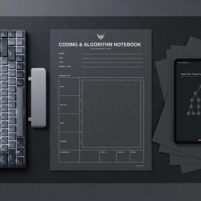 May include: A dark gray coding and algorithm notebook with white grid lines, headers, and text including "CODING & ALGORITHM NOTEBOOK" and "FALCON DIGITAL STUDIO" positioned next to a computer keyboard, a gray rectangular hub, and a smartphone.