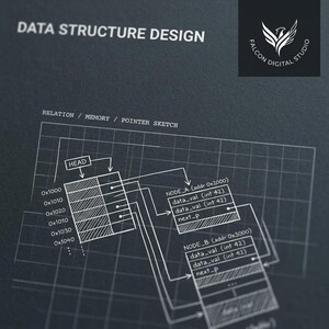 May include: A dark gray graphic print titled DATA STRUCTURE DESIGN featuring a white technical diagram of memory pointers, nodes, and addresses. The design includes the text FALCON DIGITAL STUDIO and RELATION / MEMORY / POINTER SKETCH.