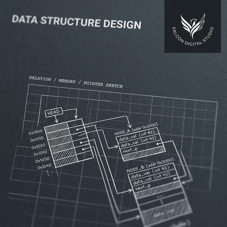 May include: A dark gray graphic print titled DATA STRUCTURE DESIGN featuring a white technical diagram of memory pointers, nodes, and addresses. The design includes the text FALCON DIGITAL STUDIO and RELATION / MEMORY / POINTER SKETCH.
