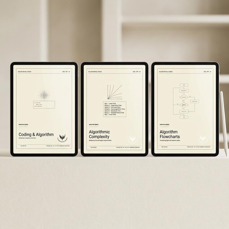 May include: Three digital tablets displaying educational content on a light background. The screens show technical diagrams and text titled Coding & Algorithm, Algorithmic Complexity, and Algorithm Flowcharts, with a stylus positioned to the right.