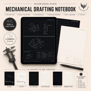 Mechanical Drafting Notebook Bundle | A4 US Letter Tablet PDF | Dark Light Engineering Journal Set