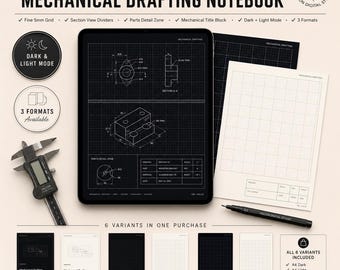 Mechanical Drafting Notebook Bundle | A4 US Letter Tablet PDF | Dark Light Engineering Journal Set