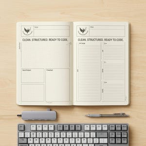 May include: An open notebook with cream-coloured pages featuring pre-printed sections for coding, including headers like Title, Algorithm, Input/Output, Flowchart, Python, and C++. The text reads CLEAN. STRUCTURED. READY TO CODE. with a logo.