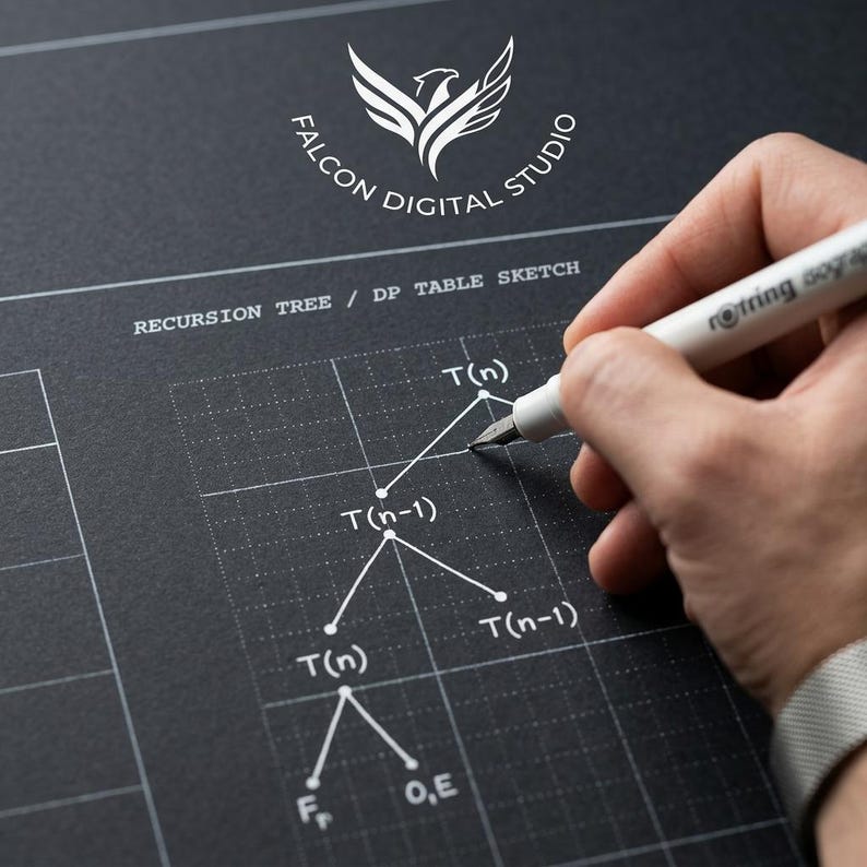 May include: A dark gray sheet with a white grid and a recursion tree diagram labeled T(n), T(n-1), Ff, and O,E. The text reads RECURSION TREE / DP TABLE SKETCH and FALCON DIGITAL STUDIO. A white fountain pen is positioned on the paper surface.