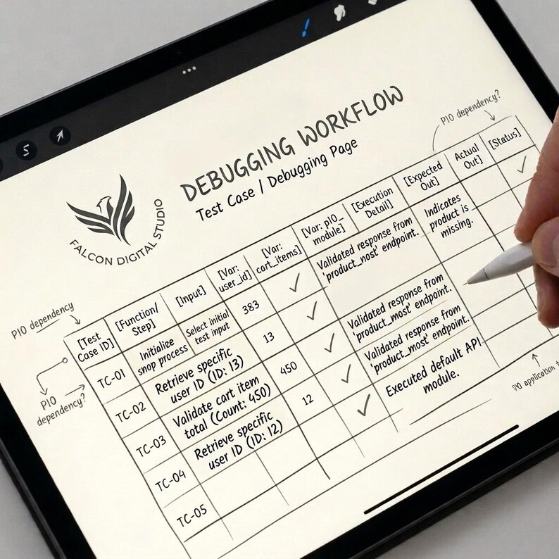 K&ouml;nnte beinhalten: Ein digitaler Tablet-Bildschirm mit einer Debugging-Workflow-Tabelle mit dem Titel Test Case / Debugging Page. Die Tabelle enth&auml;lt Spalten f&uuml;r Test Case ID, Function/Step, Input, user_id, cart_items, p10_module, Execution Detail, Expected Out, Actual Out und Status.
