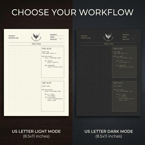 K&ouml;nnte beinhalten: Zwei digitale Planerseiten im US-Letter-Format von 21,59x27,94 cm mit der &Uuml;berschrift CHOOSE YOUR WORKFLOW. Eine Seite ist hellcreme mit dunklem Text, die andere dunkelgrau mit hellem Text. Beide enthalten ein Logo, Projektfelder, ein Punktraster und zwei Code-Bl&ouml;cke.