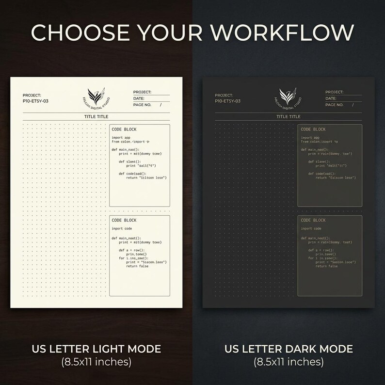 K&ouml;nnte beinhalten: Zwei digitale Planerseiten im US-Letter-Format von 21,59x27,94 cm mit der &Uuml;berschrift CHOOSE YOUR WORKFLOW. Eine Seite ist hellcreme mit dunklem Text, die andere dunkelgrau mit hellem Text. Beide enthalten ein Logo, Projektfelder, ein Punktraster und zwei Code-Bl&ouml;cke.