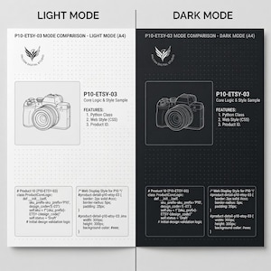 May include: A side-by-side comparison of a digital document in light mode and dark mode, featuring a camera line drawing, the text P10-ETSY-03 Core Logic & Style Sample, a Falcon Digital Studio logo, and code snippets for Python and CSS styling.