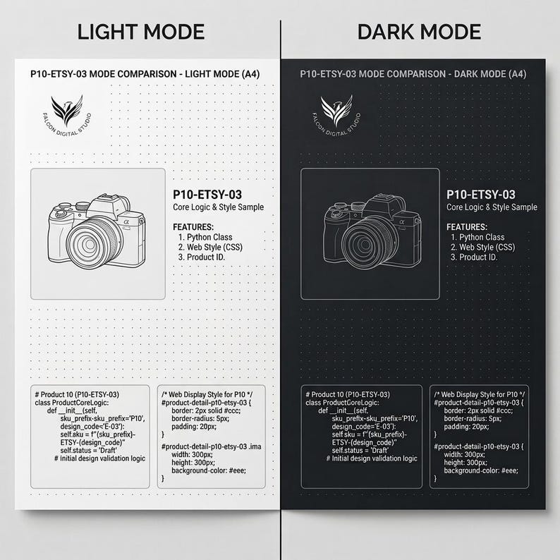 May include: A side-by-side comparison of a digital document in light mode and dark mode, featuring a camera line drawing, the text P10-ETSY-03 Core Logic & Style Sample, a Falcon Digital Studio logo, and code snippets for Python and CSS styling.
