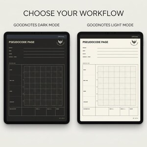May include: Two tablets displaying a digital pseudocode page template. The left tablet shows a dark mode version with a black background and white grid lines. The right tablet shows a light mode version with a cream background and black grid lines.