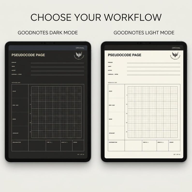 May include: Two tablets displaying a digital pseudocode page template. The left tablet shows a dark mode version with a black background and white grid lines. The right tablet shows a light mode version with a cream background and black grid lines.
