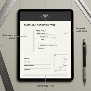 May include: A digital tablet displaying a Complexity Analysis Page template with a bordered code block, pseudocode margin, and complexity fields. The screen shows code snippets, a graph of algorithmic costs, and the Falcon Digital Studio logo.