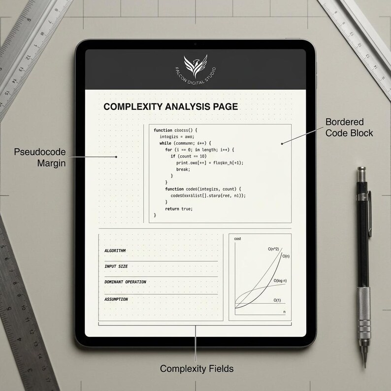 May include: A digital tablet displaying a Complexity Analysis Page template with a bordered code block, pseudocode margin, and complexity fields. The screen shows code snippets, a graph of algorithmic costs, and the Falcon Digital Studio logo.