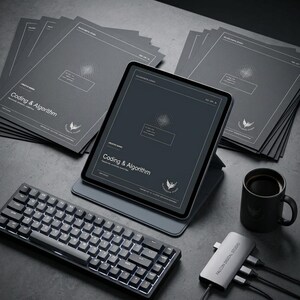 May include: A tablet displaying the text Coding & Algorithm, surrounded by stacks of matching dark gray documents, a black mechanical keyboard, a black coffee mug, and a silver USB-C hub labeled Falcon Digital Studio on a gray surface.