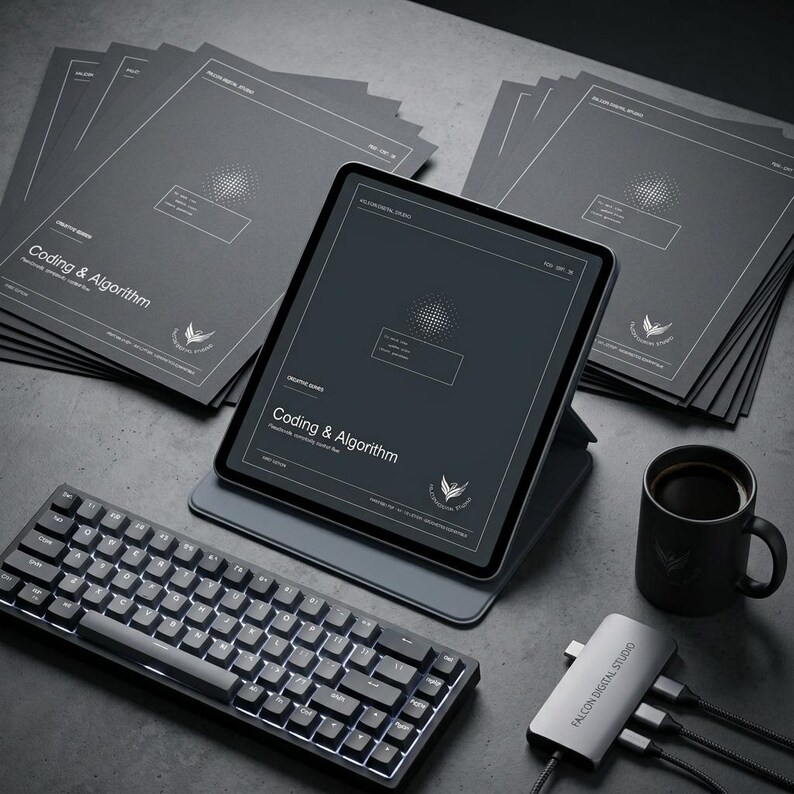 May include: A tablet displaying the text Coding & Algorithm, surrounded by stacks of matching dark gray documents, a black mechanical keyboard, a black coffee mug, and a silver USB-C hub labeled Falcon Digital Studio on a gray surface.