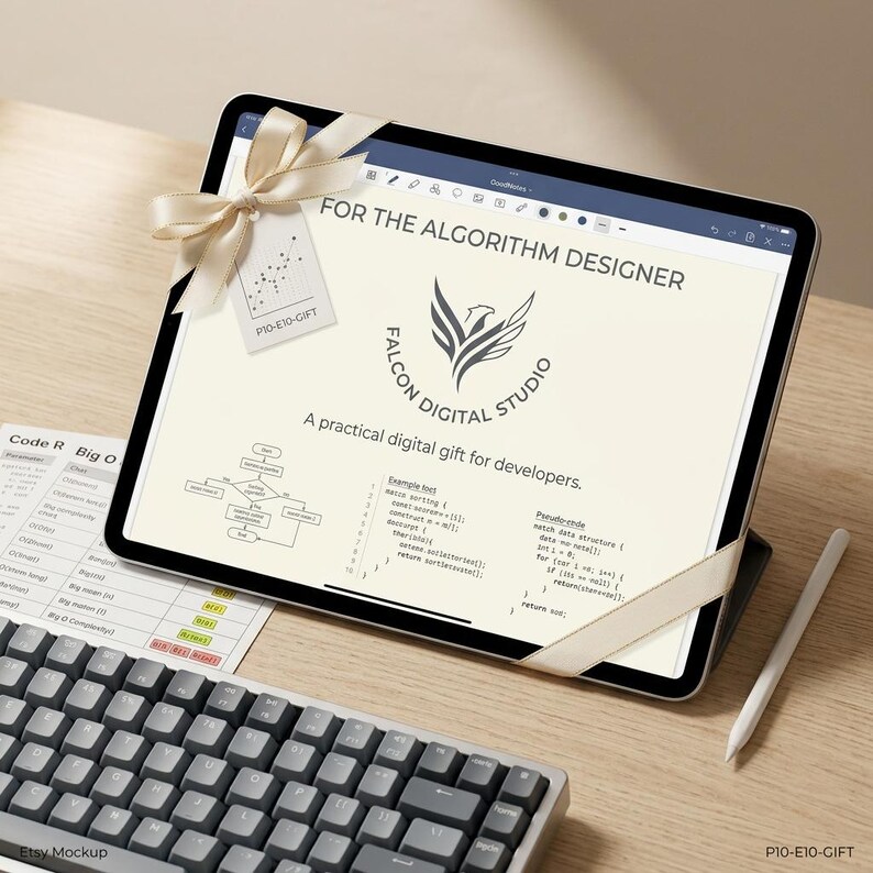 K&ouml;nnte beinhalten: Ein Tablet-Bildschirm mit dem Text FOR THE ALGORITHM DESIGNER, FALCON DIGITAL STUDIO und A practical digital gift for developers, sowie Code-Schnipseln und einem Flussdiagramm. Ein cremefarbenes Band und ein Geschenkanh&auml;nger umgeben das Tablet.