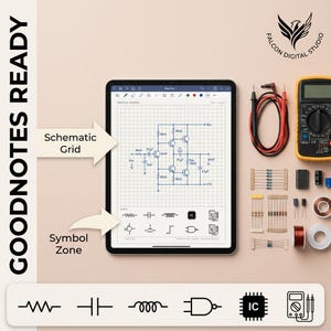 May include: A tablet displaying an electrical circuit schematic on a grid, labelled Schematic Grid and Symbol Zone. Beside it are a multimeter, red and black test leads, and various electronic components including resistors and capacitors.