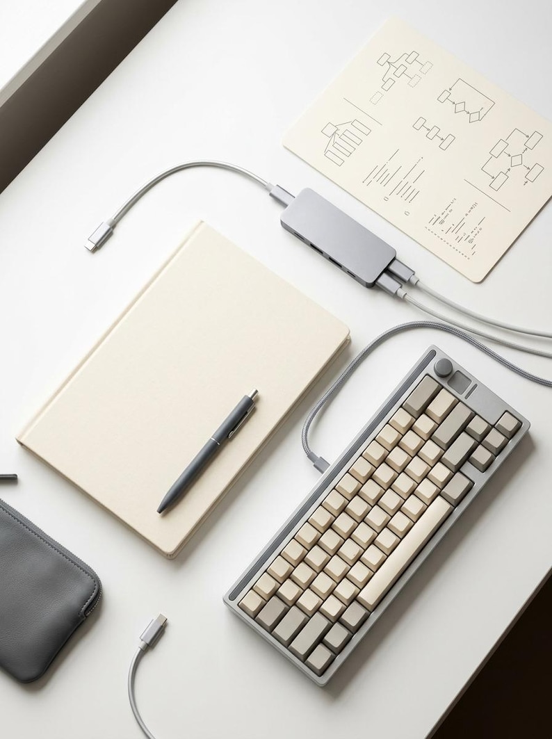 May include: A mechanical keyboard with grey and beige keycaps, a grey USB-C multi-port hub with connected cables, a beige notebook, a grey pen, and a grey zippered pouch. A paper sheet with printed flowcharts is positioned near the hub.