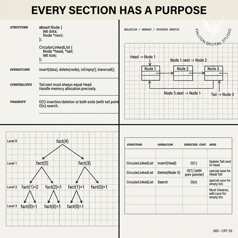 May include: A technical educational chart titled EVERY SECTION HAS A PURPOSE, featuring code snippets for a CircularLinkedList, a memory pointer sketch, a recursion tree for factorial calculations, and a table detailing operation costs.