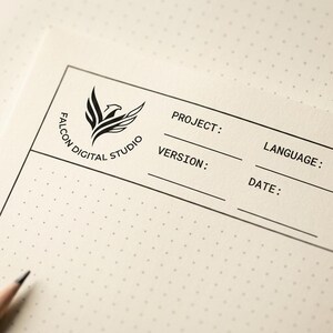 K&ouml;nnte beinhalten: Cremefarbenes Punktrasterpapier mit einem schwarz gedruckten Kopfbereich, der das Logo von Falcon Digital Studio mit einem stilisierten Falken zeigt. Der Kopfbereich enth&auml;lt Felder f&uuml;r Project, Language, Version und Date, alle schwarz umrandet.