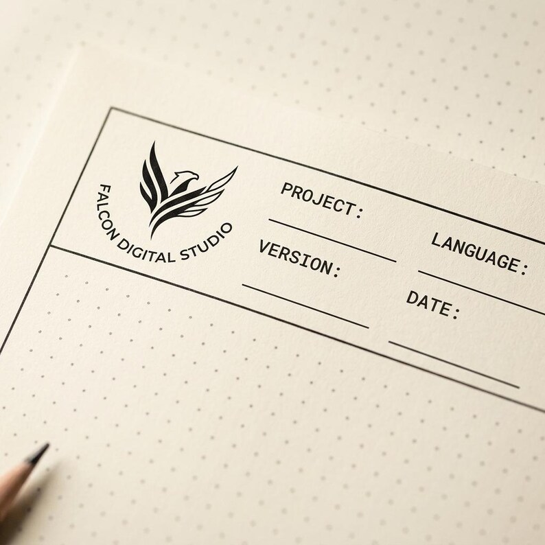 K&ouml;nnte beinhalten: Cremefarbenes Punktrasterpapier mit einem schwarz gedruckten Kopfbereich, der das Logo von Falcon Digital Studio mit einem stilisierten Falken zeigt. Der Kopfbereich enth&auml;lt Felder f&uuml;r Project, Language, Version und Date, alle schwarz umrandet.