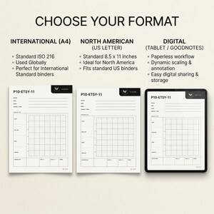 May include: Three document formats labeled CHOOSE YOUR FORMAT: International A4, North American US Letter 8.5 x 11 inches, and Digital for tablets. Each displays a P10-ETS-11 grid template with fields for project, date, and language, plus a central graph.