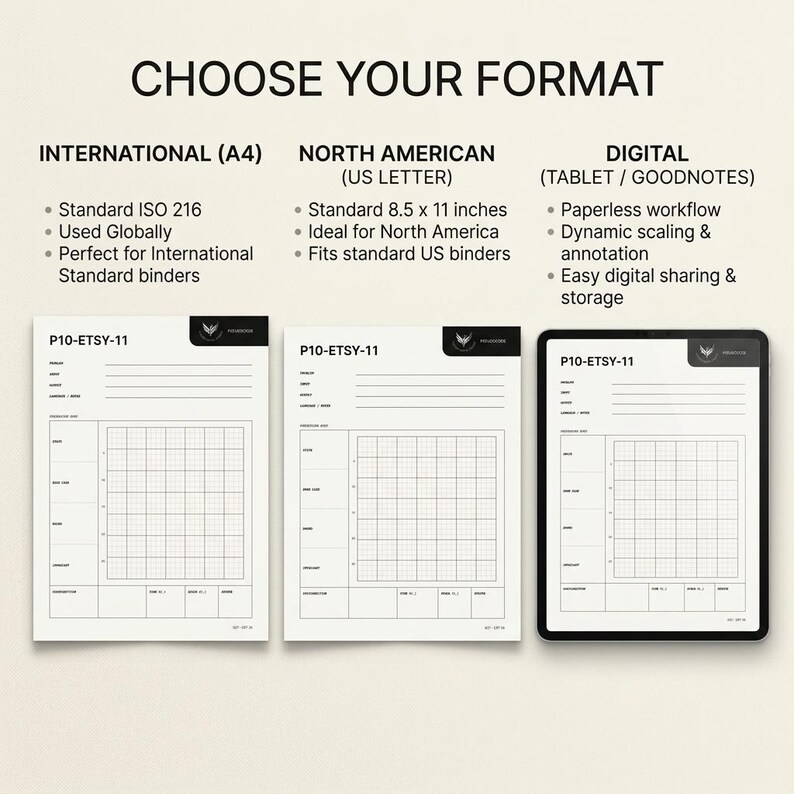 May include: Three document formats labeled CHOOSE YOUR FORMAT: International A4, North American US Letter 8.5 x 11 inches, and Digital for tablets. Each displays a P10-ETS-11 grid template with fields for project, date, and language, plus a central graph.