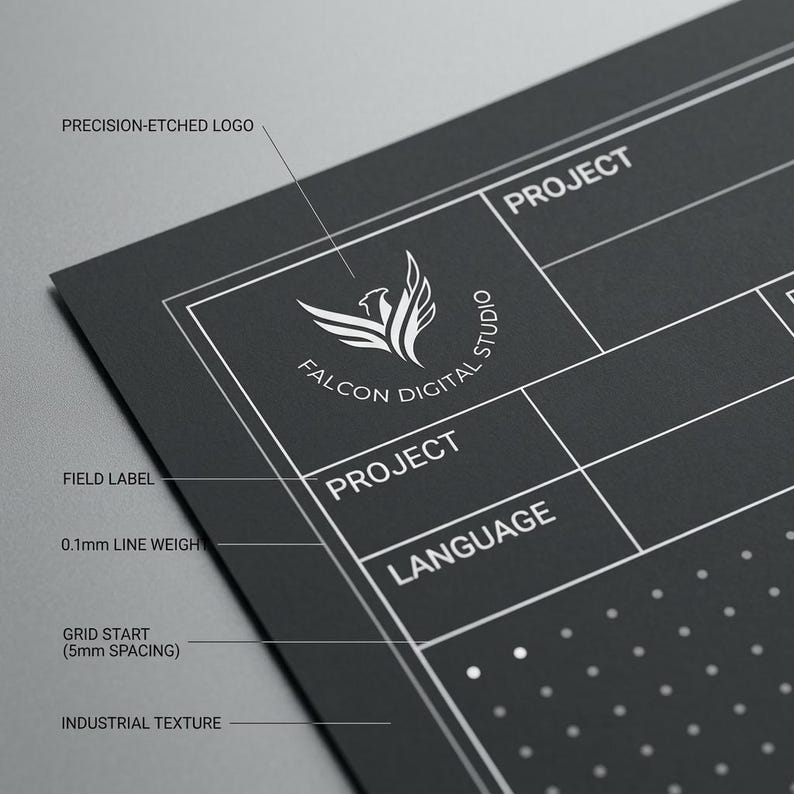 May include: A dark grey sheet with white printed technical details including a Falcon Digital Studio logo, project and language field labels, 0.1mm line weights, a grid with 5mm spacing, and an industrial texture with precision-etched markings.