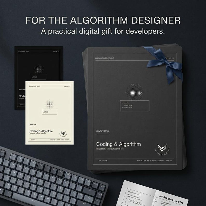 May include: A stack of dark gray papers titled Coding & Algorithm with a dark blue ribbon, alongside a black and a cream-colored document featuring the same title and a dotted graphic. The text reads FOR THE ALGORITHM DESIGNER A practical digital gift for developers.