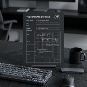 May include: A black vertical document titled THE SOFTWARE ENGINEER with white text and grid lines. It features sections for project details, a system architecture diagram, code snippets, and technical notes, presented in a clean, structured layout.