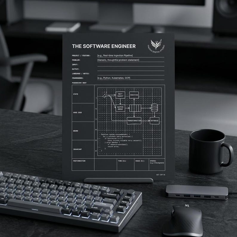 May include: A black vertical document titled THE SOFTWARE ENGINEER with white text and grid lines. It features sections for project details, a system architecture diagram, code snippets, and technical notes, presented in a clean, structured layout.