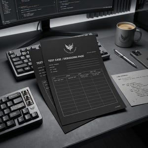 May include: A black test case and debugging page document featuring white grid lines and text. The document includes the Falcon Digital Studio logo, fields for test case details, and a table for input, expected results, and actual results.