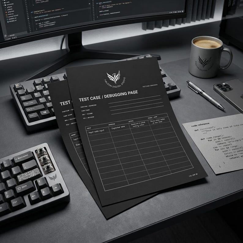 May include: A black test case and debugging page document featuring white grid lines and text. The document includes the Falcon Digital Studio logo, fields for test case details, and a table for input, expected results, and actual results.