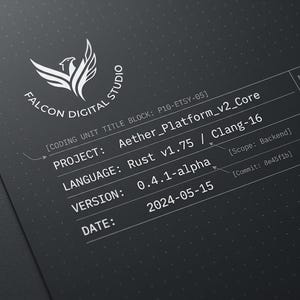 May include: A dark grey digital document featuring the white Falcon Digital Studio logo and technical project details including Project: Aether_Platform_v2_Core, Language: Rust v1.75 / Clang-16, Version: 0.4.1-alpha, Date: 2024-05-15, and Scope: Backend.