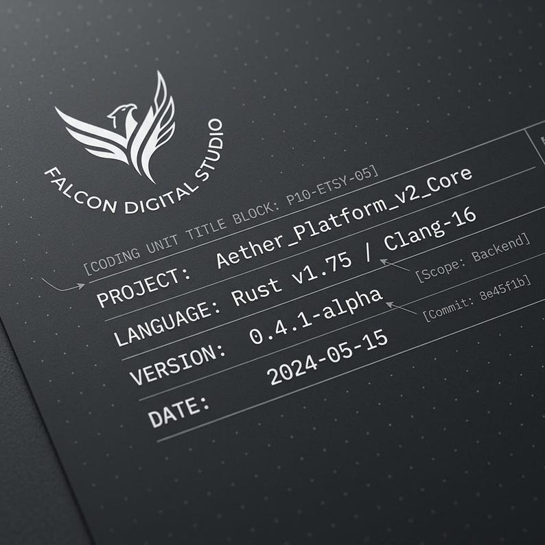 May include: A dark grey digital document featuring the white Falcon Digital Studio logo and technical project details including Project: Aether_Platform_v2_Core, Language: Rust v1.75 / Clang-16, Version: 0.4.1-alpha, Date: 2024-05-15, and Scope: Backend.