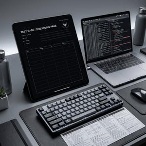 May include: A black tablet displaying a Test Case / Debugging Page, a laptop showing code, a mechanical keyboard, a computer mouse, and a reference sheet on a desk. The setup includes two metallic water bottles and a small potted succulent plant.