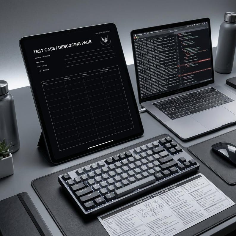 May include: A black tablet displaying a Test Case / Debugging Page, a laptop showing code, a mechanical keyboard, a computer mouse, and a reference sheet on a desk. The setup includes two metallic water bottles and a small potted succulent plant.