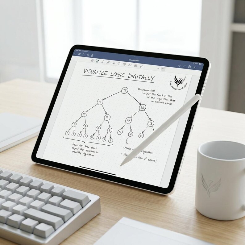 K&ouml;nnte beinhalten: Ein Tablet zeigt eine digitale Notiz mit dem Text VISUALIZE LOGIC DIGITALLY und ein handgezeichnetes Rekursionsbaum-Diagramm. Ein wei&szlig;er Eingabestift liegt auf dem Bildschirm, daneben steht eine wei&szlig;e Tasse mit Logo sowie eine mechanische Tastatur.