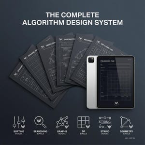 May include: The Complete Algorithm Design System set includes dark gray sheets with technical diagrams, grids, and text like Sorting, Recursion, and Big O Analysis, alongside a tablet displaying a Pseudocode Page and six icons for bundles.