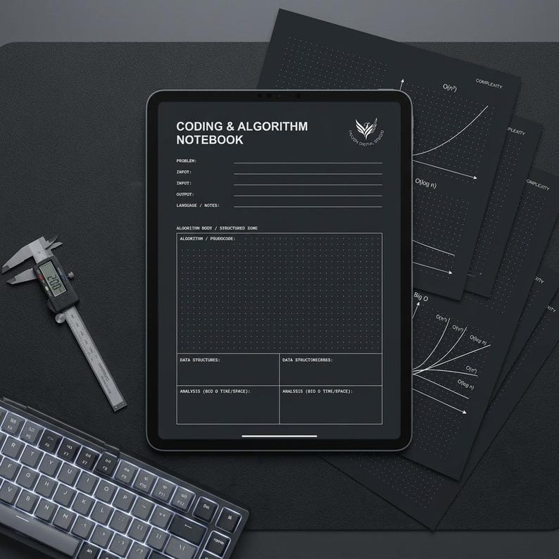 May include: A digital tablet displaying a Coding & Algorithm Notebook template with white text on a dark background, featuring sections for problem, input, output, and algorithm body. A silver digital caliper is positioned to the left of the tablet.