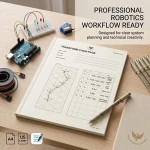 Puede incluir: Un cuaderno de ingeniería robótica titulado Transform Chain Page con diagramas técnicos y tablas, acompañado de una placa Arduino, una placa de pruebas con LED, un servomotor, cables de puente y bolígrafos sobre un escritorio.