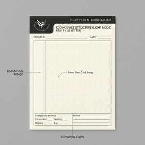 K&ouml;nnte beinhalten: Eine cremefarbene Vorlage f&uuml;r eine Programmierseite im Format 8,5x11 US Letter. Sie enth&auml;lt eine schwarze Kopfzeile mit dem Falcon Digital Studio Logo, einen Pseudocode-Rand, einen 5mm-Punktgitter-Bereich sowie Felder f&uuml;r Komplexit&auml;tswerte.