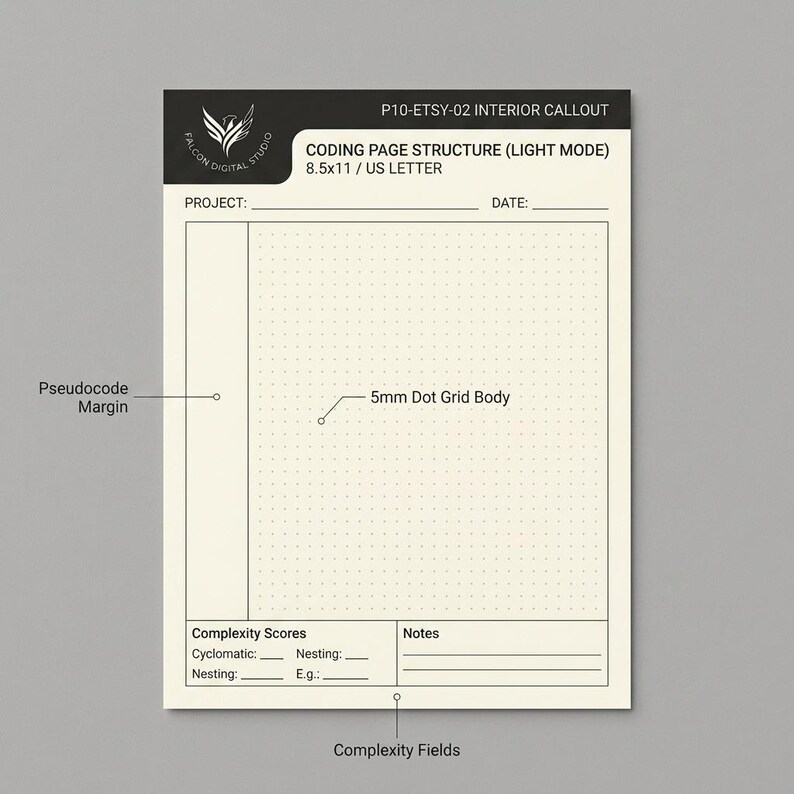 K&ouml;nnte beinhalten: Eine cremefarbene Vorlage f&uuml;r eine Programmierseite im Format 8,5x11 US Letter. Sie enth&auml;lt eine schwarze Kopfzeile mit dem Falcon Digital Studio Logo, einen Pseudocode-Rand, einen 5mm-Punktgitter-Bereich sowie Felder f&uuml;r Komplexit&auml;tswerte.